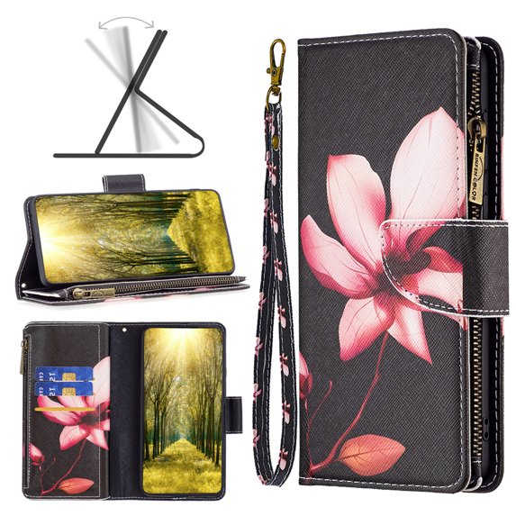 Feishell iPhone 14 Pro Case Zipper Purse Embossed Pattern Premium Leather Wallet Cover Flip Stand Card Slots Holder Magnetic with Wrist Strap Case for Apple iPhone 14 Pro, Lotus