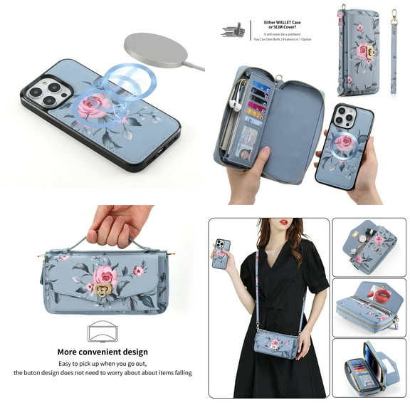 Feishell for iPhone 14 Pro Crossbody Wallet Detachable Case,Support Magsafe Charging,Flower Pattern PU Leather RFID Blocking Multi Card Slots Zipper Phone Case with Shoulder & Hand Strap,Grey