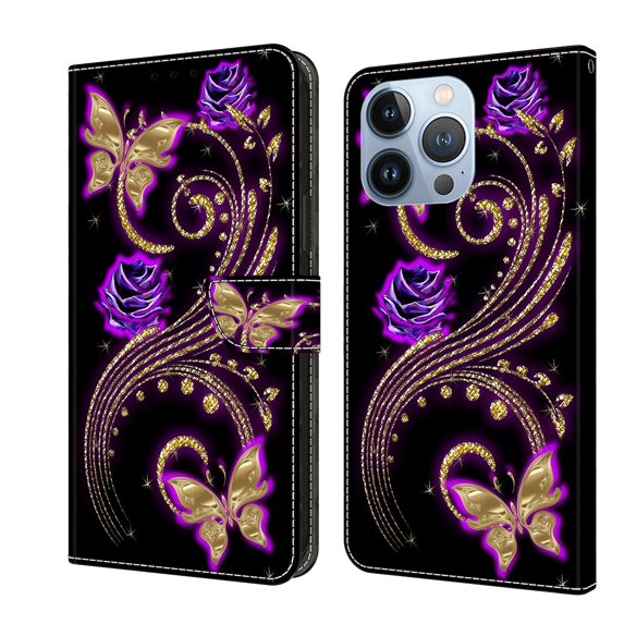 Feishell for iPhone 14 Pro Max 6.7 inch Slim Wallet Case with Fashion Colorful Pattern Painted,Luxury PU Leather Magnetic Flip Stand Card Slots Pocket Phone Case,Purple Flowers & Butterflies