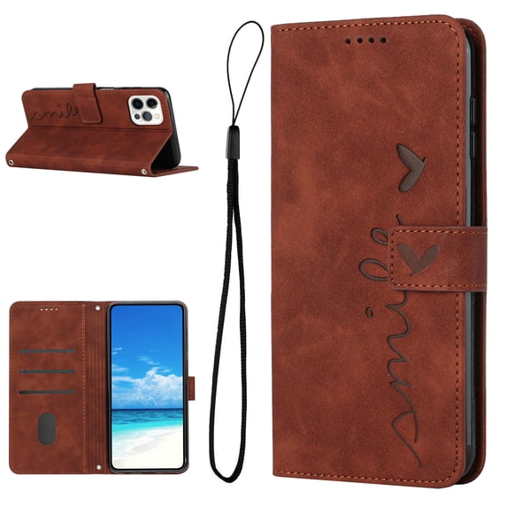 Feishell for iPhone 14 Pro Max 6.7 inch Wallet Case,for Women Men,Love Heart Pattern Embossed Plain PU Leather Magnetic Clasp Credit Card Slots Folio Flip Kickstand Phone Cover,Brown