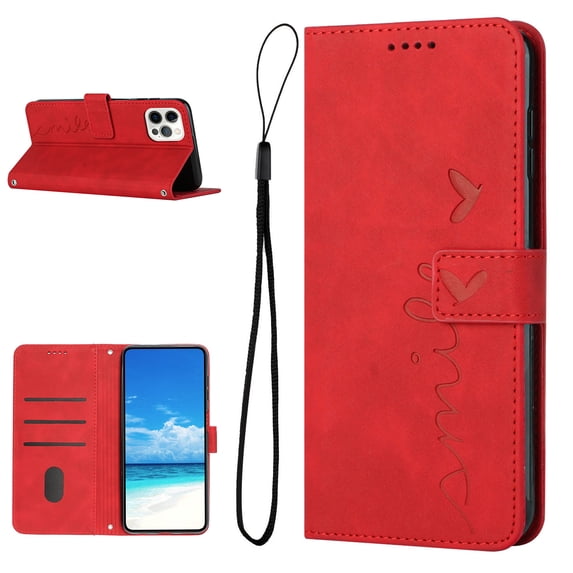 Feishell for iPhone 14 Pro Max 6.7 inch Wallet Case,for Women Men,Love Heart Pattern Embossed Plain PU Leather Magnetic Clasp Credit Card Slots Folio Flip Kickstand Phone Cover,Red