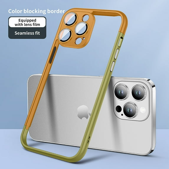 Feishell for iPhone 14 Pro Max Bumper Case with Camera Lens Protector,Shockproof PC Slim Lightweight Hard Metal Button No Backboard Heat Dissipation Phone Case Support Wireless Charging,Khaki+Green