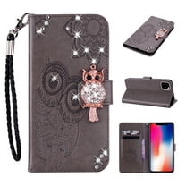 Feishell iPhone 14 Pro Max Case Owl Pattern Glitter Sparkly Gems Shockproof PU Leather Wallet Cover Flip Stand Card Slots Magnetic Diamond Bling Folio Case for Apple iPhone 14 Pro Max, Gray