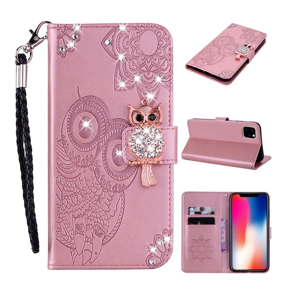 Feishell iPhone 14 Pro Max Case Owl Pattern Glitter Sparkly Gems Shockproof PU Leather Wallet Cover Flip Stand Card Slots Magnetic Diamond Bling Folio Case for Apple iPhone 14 Pro Max, Pink