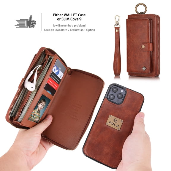 Feishell iPhone 14 Pro Max Case, Premium Leather Folio Removable Wallet Case Zipper Coin Pouch/Purse ID Credit Card Holder Strap & Detachable Magnetic Case For Apple iPhone 14 Pro Max, Brown