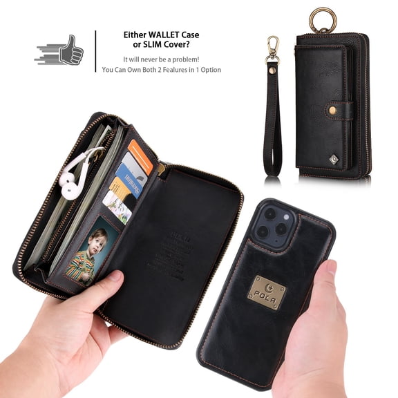 Feishell iPhone 14 Pro Max Case, Premium Leather Folio Removable Wallet Case Zipper Coin Pouch/Purse ID Credit Card Holder Strap & Detachable Magnetic Case For Apple iPhone 14 Pro Max, Black