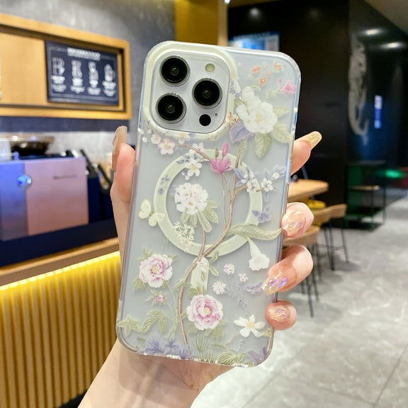 Feishell for iPhone 14 Pro Max Clear Magnetic Case, Support Wireless Charging MagSafe, for iPhone 14 Pro Max Frosted Flower Pattern Cover, Hybrid Rugged PC + TPU Shockproof Case, Pattern-E