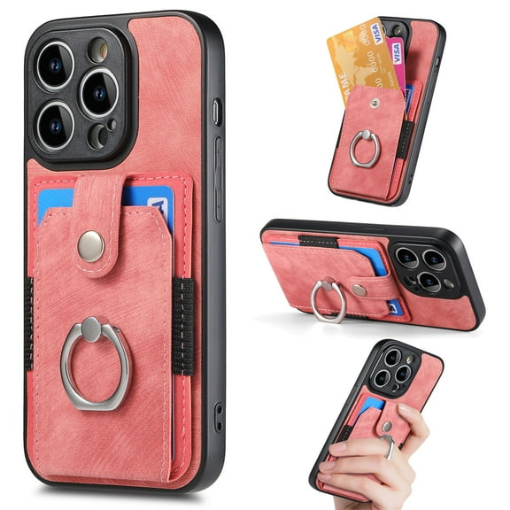 Feishell for iPhone 14 Pro Max Wallet Case with Elastic Card Holder,Premium PU Leather Shockproof TPU Bumper 360° Rotation Finger Ring Holder Kickstand Anti-Scratch Protective Phone Case,Pink