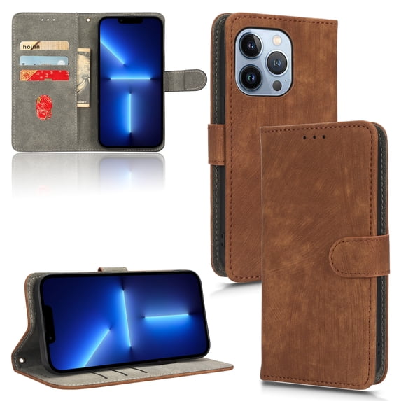 Feishell for iPhone 14 Pro Wallet Case,Stylish 360 Protection Anti-Scratch Synthetic Leather Soft TPU Shockproof Flexible Magnetic RFID Flip Kickstand Card Slots with Wrist Strap Cover.Brown