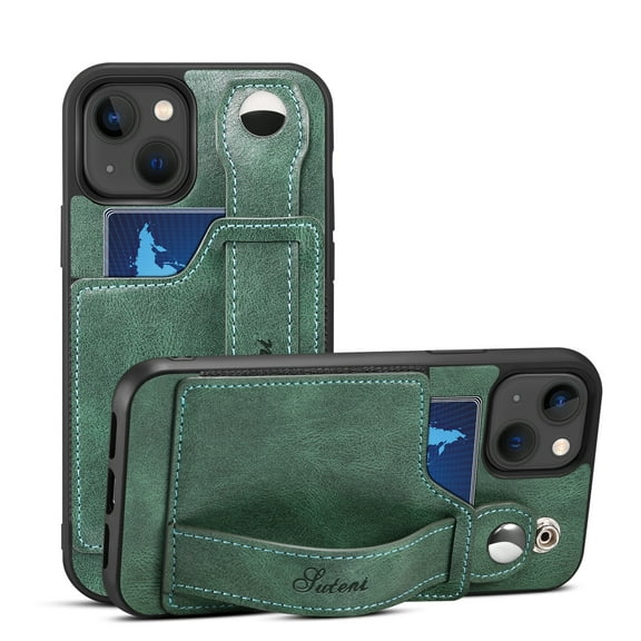 Feishell for iPhone 14 Wallet Case with Card Credit Slot, Hand Wrist Strap Loop Holder Kickstand, Ring Holder PU Leather Camera Protection Shockproof Solid Color Cover, Green