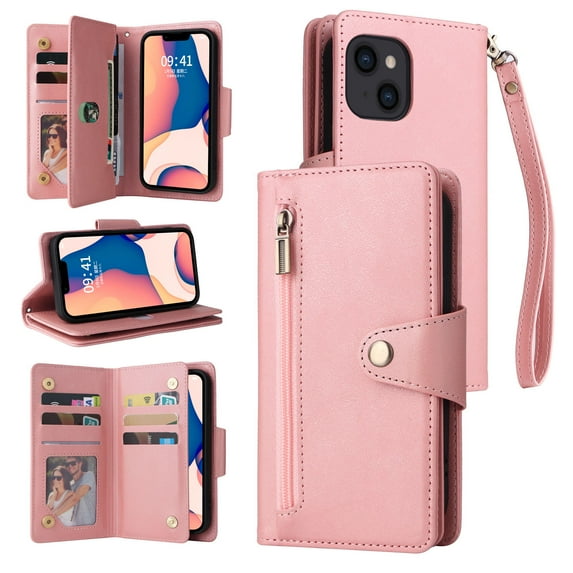 Feishell for iPhone 14 Wallet Case with Wrist Strap,Premium PU Leather Zipper Pocket Magnetic Buckle Folio Flip ID Credit Card Slots Shockproof Kickstand Phone Case for Women Men,Rosegold