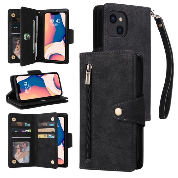 Feishell for iPhone 14 Wallet Case with Wrist Strap,Premium PU Leather Zipper Pocket Magnetic Buckle Folio Flip ID Credit Card Slots Shockproof Kickstand Phone Case for Women Men,Black
