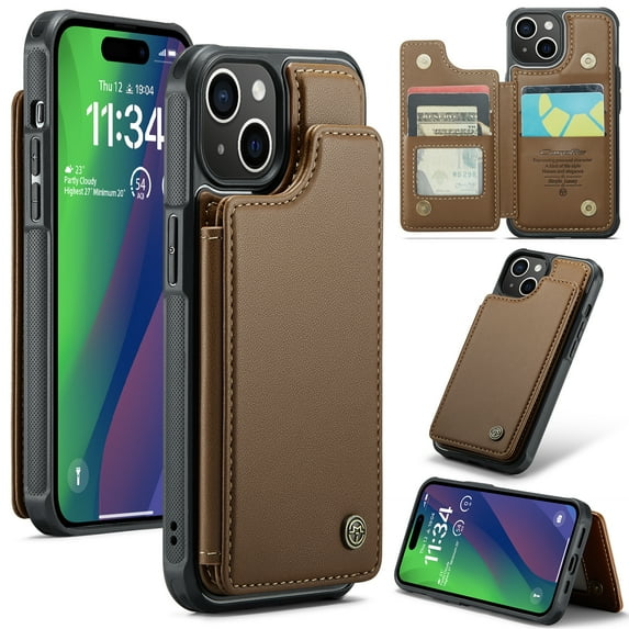 Feishell for iPhone 15 Case with Card Holder, Wallet Case for Women Men with RFID Blocking, Durable PU Leather Kickstand Magnetic Clasp Shockproof Phone Case,Brown