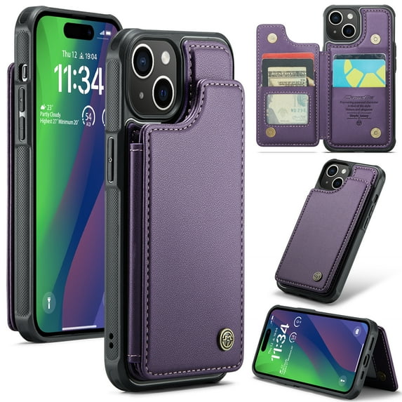 Feishell for iPhone 15 Case with Card Holder, Wallet Case for Women Men with RFID Blocking, Durable PU Leather Kickstand Magnetic Clasp Shockproof Phone Case,Purple
