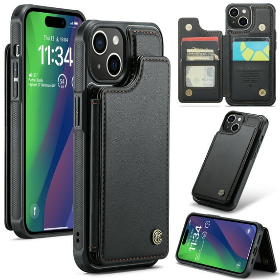 Feishell for iPhone 15 Case with Card Holder, Wallet Case for Women Men with RFID Blocking, Durable PU Leather Kickstand Magnetic Clasp Shockproof Phone Case,Black