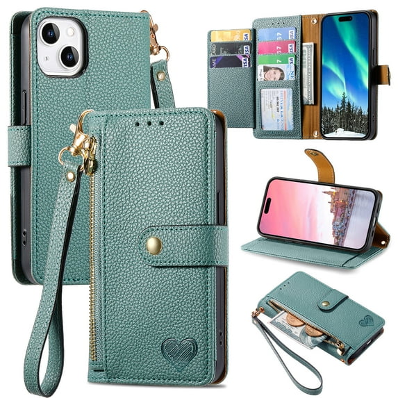 Feishell for iPhone 15 Case,RFID Blocking Wallet Case for Women Men,Premium PU Leather Credit Card Holder Zipper Pocket Magnetic Buckle Flip Kickstand Phone Case with Wrist Strap,Green
