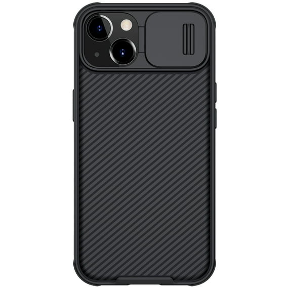Feishell for iPhone 15 Case with Slide Camera Lens Protection Cover, Armor TPU Bumper Tough PC Cover, Shockproof Protective Classic Texture Non-Slip Slim Phone Case,Black