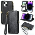 thumbnail image 1 of Feishell for iPhone 15 Case Wallet, Retro High Quality Zipper Pouch PU Leather Strap Flip Case with Magnetic Closure,[RFID Blocking] Card Holder Kickstand For iPhone 15, Black, 1 of 12