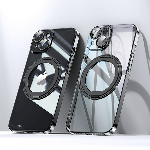 Feishell for iPhone 15 Clear Case with 360° Rotatable Ring Kickstand, Compatible with MagSafe, Built-in Camera Lens Protector, Luxury Plating Transparent Shockproof Slim Phone Case,Black