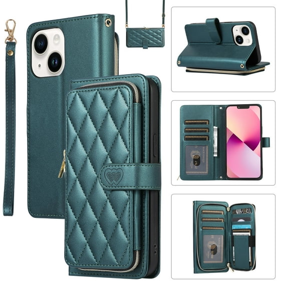 Feishell for iPhone 15 Crossbody Zipper Wallet Phone Case,for Women Men,Premium PU Leather Shockproof Magnetic Clasp Credit Card Slots Kickstand Phone Case with Shoulder & Wrist Strap,Darkgreen