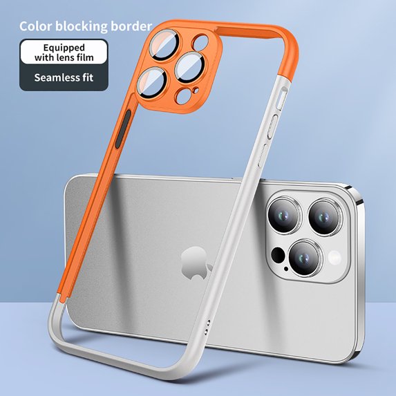 Feishell for iPhone 15 Plus Bumper Case with Camera Lens Protector,Shockproof PC Slim Lightweight Hard Metal Button No Backboard Heat Dissipation Phone Case Support Wireless Charging,Orange+White