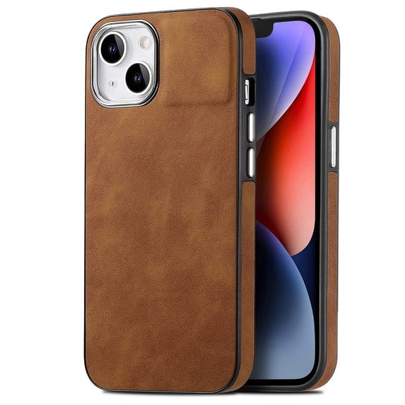 Feishell for iPhone 15 Plus Case with Hidden SIM Card Slots & Paper Clips Holder, Premium PU Leather TPU Shockproof Slim Cover with Plating Buttons for iPhone 15 Plus, Brown