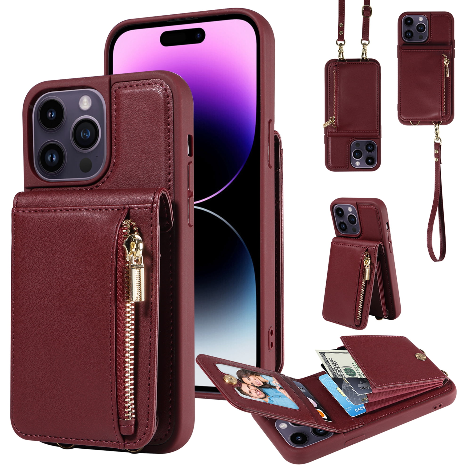 Feishell for iPhone 15 Plus Crossbody Wallet Phone Case with Hand Strap