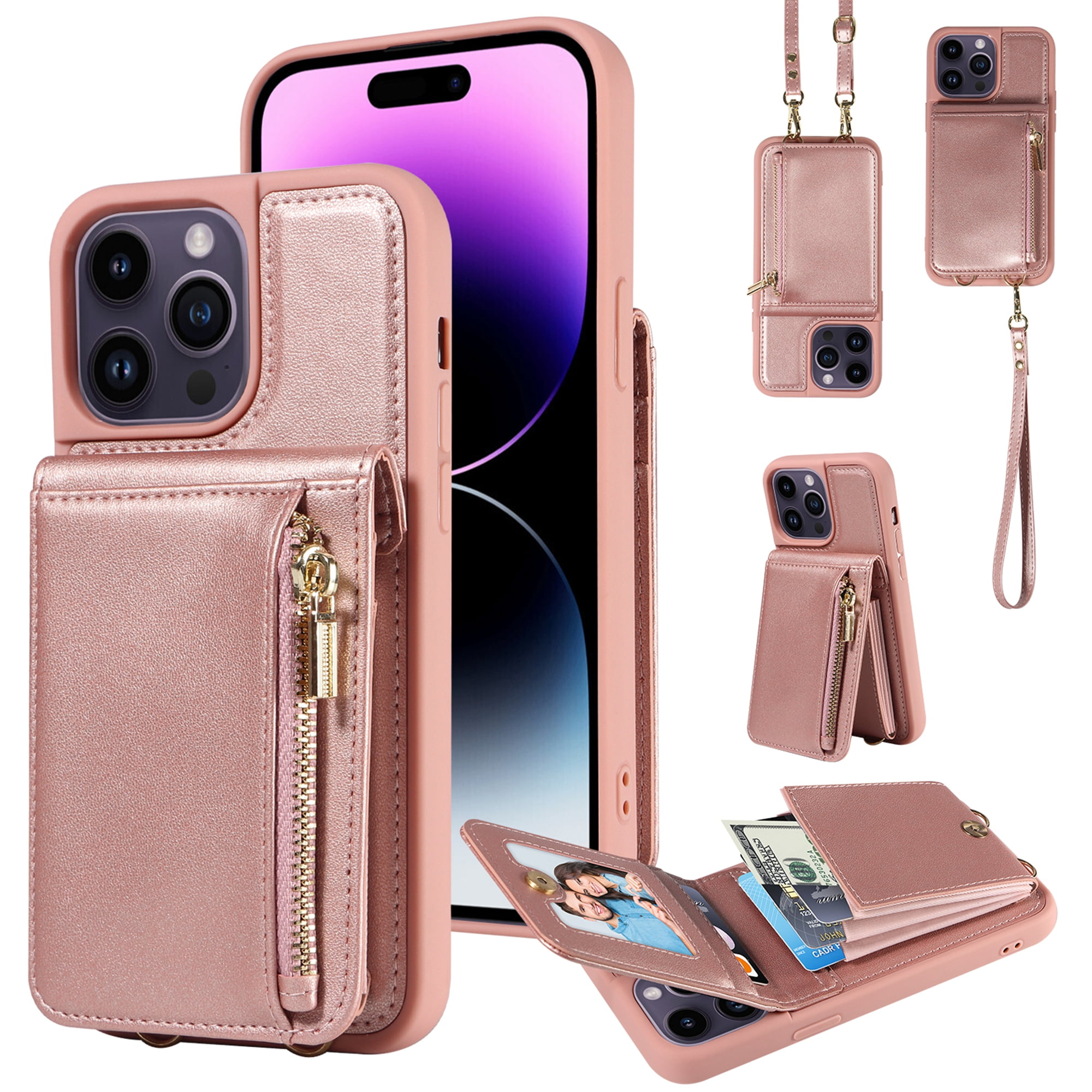 Feishell for iPhone 15 Plus Crossbody Wallet Phone Case with Hand Strap