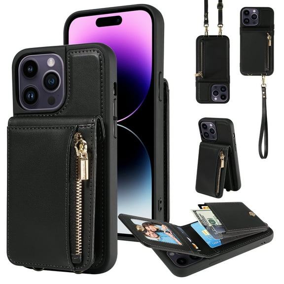 Feishell for iPhone 15 Plus Crossbody Wallet Phone Case with Hand Strap & Shoulder Strap,Premium PU Leather RFID Blocking Card Slots Zipper Pocket Back Purse Kickstand Phone Case,Black