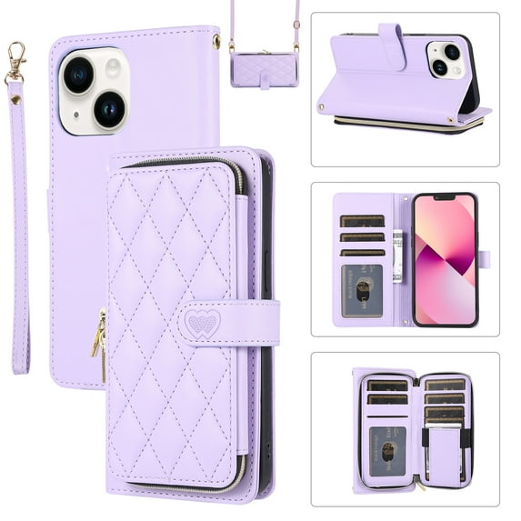 Feishell for iPhone 15 Plus Crossbody Zipper Wallet Phone Case,for Women Men,Premium PU Leather Shockproof Magnetic Clasp Credit Card Slots Kickstand Phone Case with Shoulder & Wrist Strap,Purple