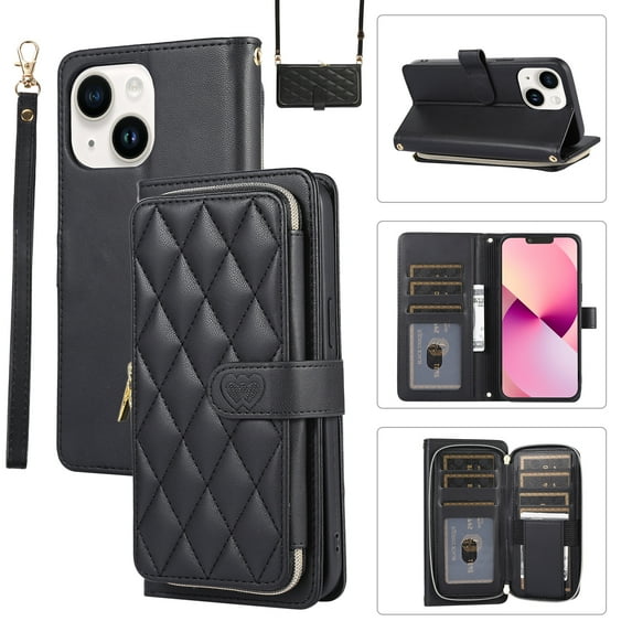 Feishell for iPhone 15 Plus Crossbody Zipper Wallet Phone Case,for Women Men,Premium PU Leather Shockproof Magnetic Clasp Credit Card Slots Kickstand Phone Case with Shoulder & Wrist Strap,Black