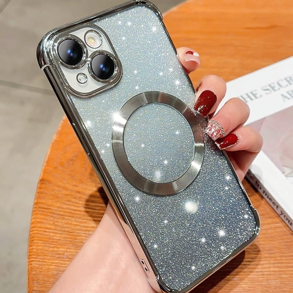 Feishell for iPhone 15 Plus Magnetic Phone Case,Compatible with MagSafe Charging,Gradient Bling Glitter Case for Women Girls,Luxury Plating Clear Soft TPU Shockproof Phone Cover,Silver