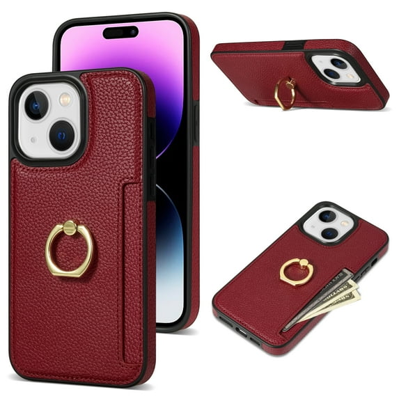 Feishell for iPhone 15 Plus Wallet Case with Card Holder, 360°Rotation Ring Holder Kickstand, Premium PU Leather RFID Blocking Card Pocket Protective Cover For iPhone 15 Plus, Red