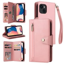 Feishell for iPhone 15 Plus Wallet Case with Wrist Strap,Premium PU Leather Zipper Pocket Magnetic Buckle Folio Flip ID Credit Card Slots Shockproof Kickstand Phone Case for Women Men,Rosegold