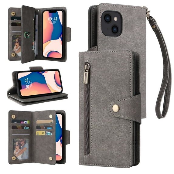 Feishell for iPhone 15 Plus Wallet Case with Wrist Strap,Premium PU Leather Zipper Pocket Magnetic Buckle Folio Flip ID Credit Card Slots Shockproof Kickstand Phone Case for Women Men,Gray