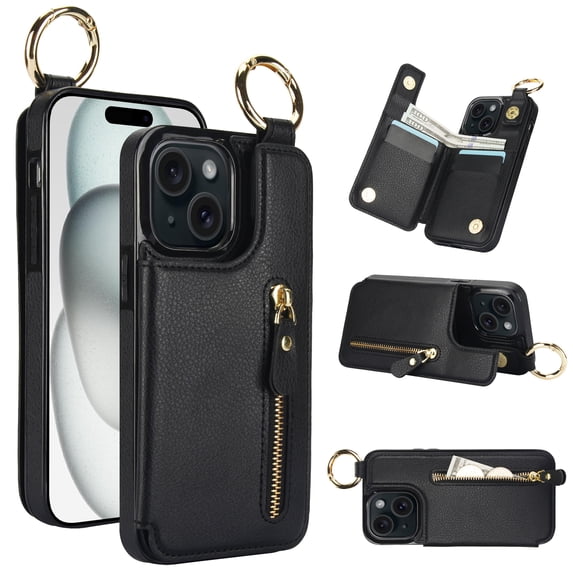 Feishell for iPhone 15 Plus Zipper Wallet Case, Premium Lychee Texture PU Leather Double Magnetic Clasp Flip Kickstand Credit Card Slots Shockproof Portable Metal Ring Hook Phone Case, Black