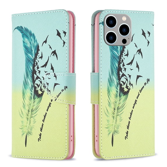 Feishell for iPhone 15 Pro (6.1 inch) Case,Fashion Painted Pattern PU Leather Shockproof Magnetic Clasp Flip Cover with Card Slots Kickstand Wallet Phone Case,B-Feather
