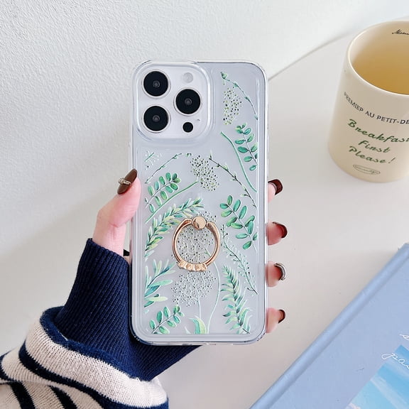 Feishell for iPhone 15 Pro Case Floral Flowers Pattern Women Girls Girly Flexible TPU Shockproof Cover with 360° Rotation Ring Kickstand Slim Transparent Phone Case for iPhone 15 Pro,F