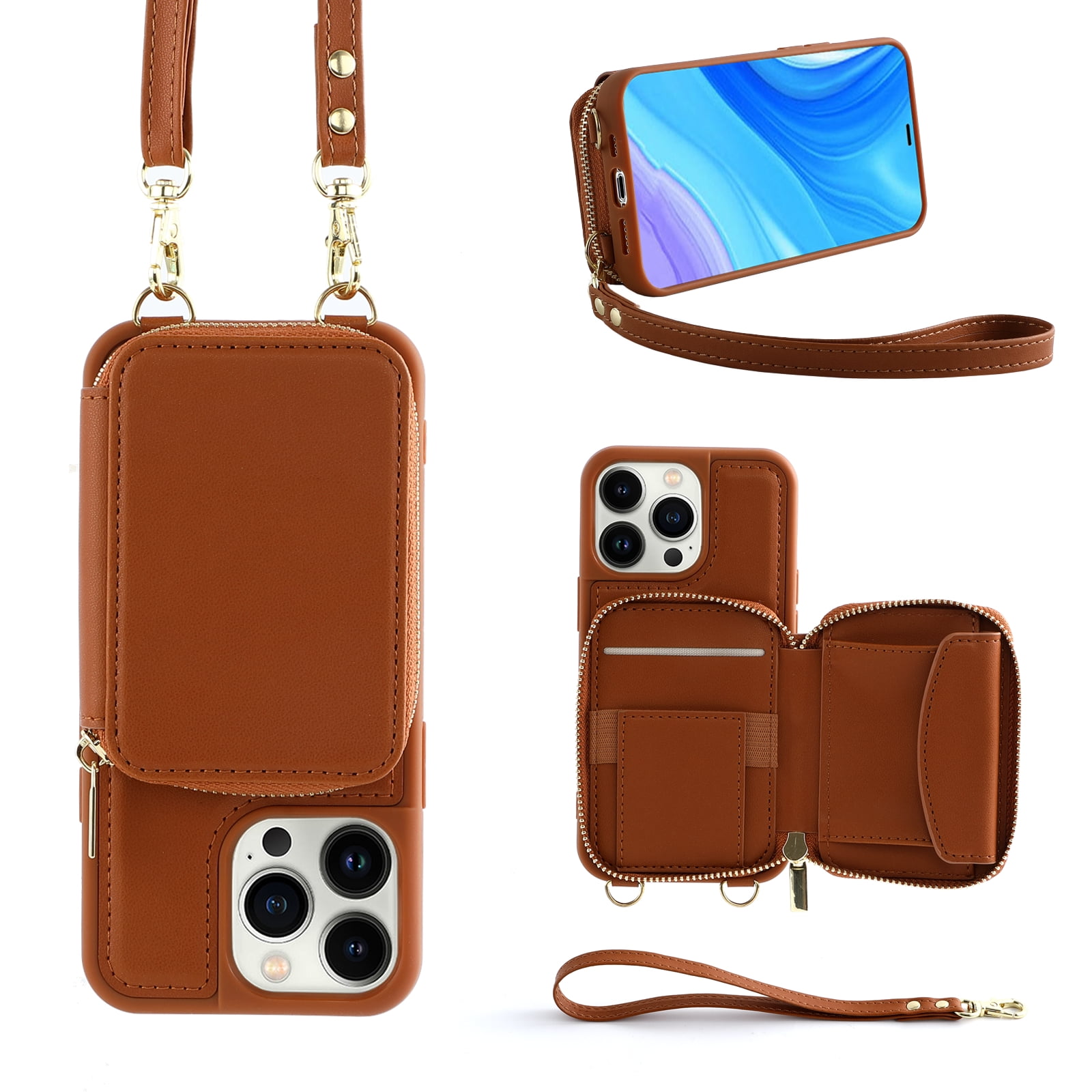 Genuine Pebbled Leather Zipper Pouch Add-On for Crossbody iPhone