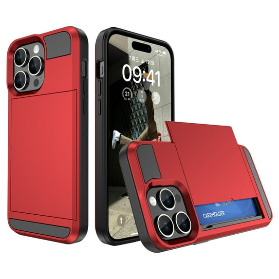 Feishell for iPhone 15 Pro Max Case with ID Credit Card Holder, Dual Layer Shockproof Hidden Sliding Card Slot Wallet Anti-Scratch Hard Shell Back Cover Slim Phone Case for iPhone 15 Pro Max,Red