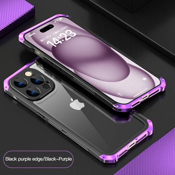 Feishell for iPhone 15 Pro Max Case, Military Grade Shockproof Armor Aluminum Alloy Bumper Transparent Anti-yellowing Glass Backplane Rugged Slim Cool Phone Case for Men Women,Blackpurple