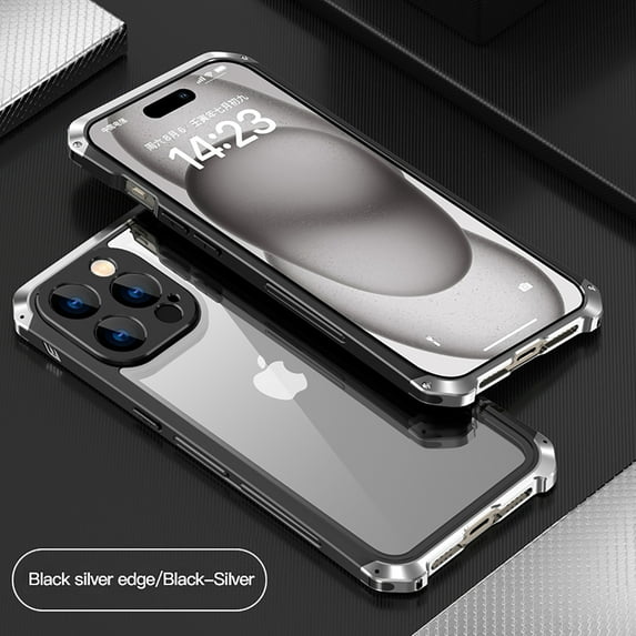 Feishell for iPhone 15 Pro Max Case, Military Grade Shockproof Armor Aluminum Alloy Bumper Transparent Anti-yellowing Glass Backplane Rugged Slim Cool Phone Case for Men Women,Blacksilver