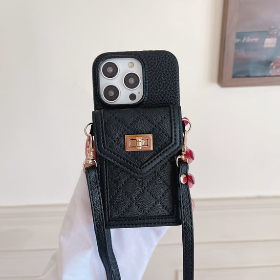 Feishell for iPhone 15 Pro Max Crossbody Wallet Case,with Removable Adjustable Shoulder Strap,Luxury PU Leather Metal Buckle Card Pocket Purse Phone Case Gift for Women Men,Black