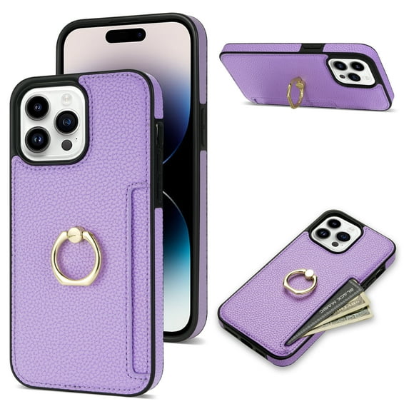 Feishell for iPhone 15 Pro Max Wallet Case with Card Holder, 360?Rotation Ring Holder Kickstand, Premium PU Leather RFID Blocking Card Pocket Protective Cover For iPhone 15 Pro Max, Purple