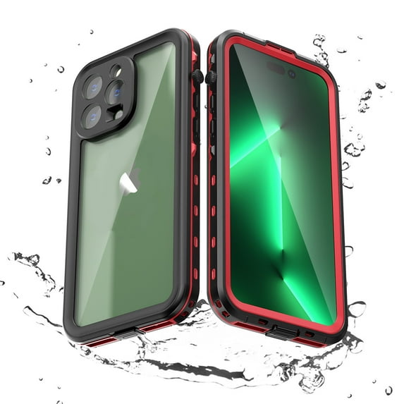 Feishell for iPhone 15 Pro Waterproof Case Built-in Screen Protector Clear Water Proof Shockproof Dustproof Snowproof Full Body Rugged Transparent Underwater Phone Case,Red