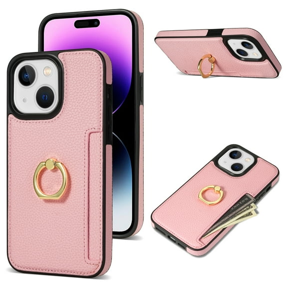 Feishell for iPhone 15 Wallet Case with Card Holder, 360°Rotation Ring Holder Kickstand, Premium PU Leather RFID Blocking Card Pocket Protective Cover For iPhone 15, Pink