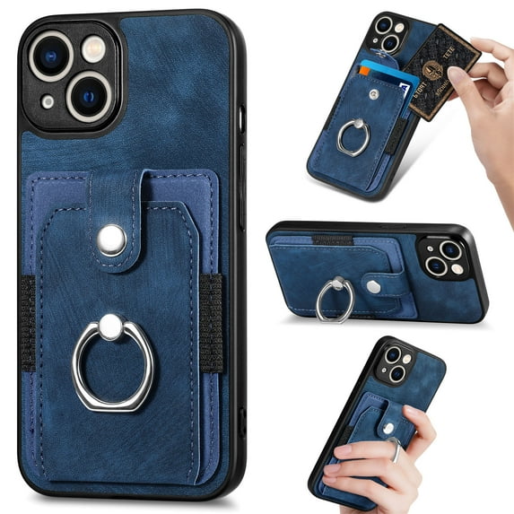 Feishell for iPhone 15 Wallet Case with Elastic Card Holder,Premium PU Leather Shockproof TPU Bumper 360° Rotation Finger Ring Holder Kickstand Anti-Scratch Protective Phone Case,Blue