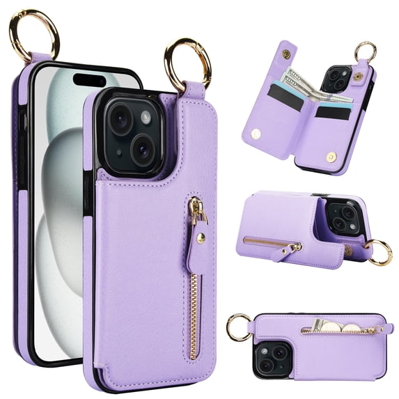 Feishell for iPhone 15 Zipper Wallet Case, Premium Lychee Texture PU Leather Double Magnetic Clasp Flip Kickstand Credit Card Slots Shockproof Portable Metal Ring Hook Phone Case, Purple