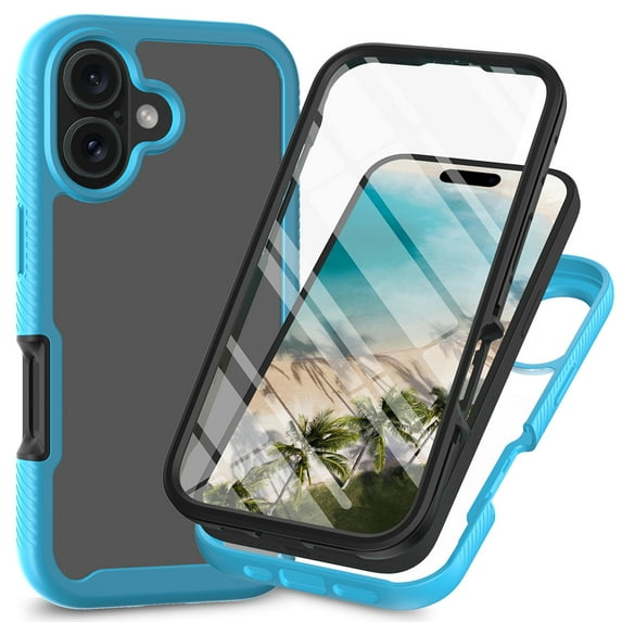 Feishell iPhone 16 Case Built-in Screen Protector Clear Rugged 360 Full Body Protective Shockproof Hard Back Soft TPU Military Dual Layer Heavy Duty Bumper Anti-Scratch Cover Case, Blue