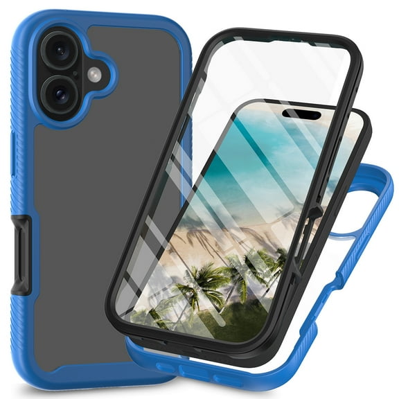 Feishell iPhone 16 Plus Case Built-in Screen Protector Clear Rugged 360 Full Body Protective Shockproof Hard Back Soft TPU Military Dual Layer Heavy Duty Bumper Anti-Scratch Cover Case, Darkblue